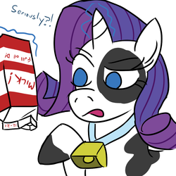 Size: 800x800 | Tagged: safe, artist:jargon scott, rarity, cow, pony, unicorn, g4, collar, cowbell, cowified, female, magic, magic aura, milk, milk carton, raised eyebrow, raised hoof, raricow, simple background, solo, species swap, white background