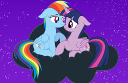 Size: 3045x1970 | Tagged: safe, artist:aquaticneon, rainbow dash, twilight sparkle, alicorn, pony, g4, cloud, female, lesbian, mare, night, ship:twidash, shipping, twilight sparkle (alicorn)