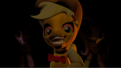 Size: 766x431 | Tagged: safe, applejack, fluttershy, twilight sparkle, pony, robot, robot pony, five nights at aj's, g4, 3d, angry, animatronic, applefreddy, crazy face, creepy, creepy smile, faic, five nights at freddy's, flutterchica, poster, sharp teeth, source filmmaker, this will end in tears, this will end in tears and/or death, twibon, wallpaper