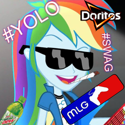 Size: 734x734 | Tagged: safe, edit, rainbow dash, equestria girls, g4, my little pony equestria girls: rainbow rocks, blunt, doritos, funny, marijuana, meme, mlg, mountain dew, swag, text, yolo