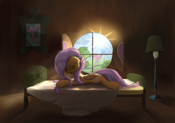 Size: 1920x1350 | Tagged: safe, artist:scootiebloom, fluttershy, pinkie pie, butterfly, earth pony, pegasus, pony, g4, balloon, bed, eyes closed, female, floppy ears, folded wings, lamp, lying down, mare, morning ponies, open mouth, painting, prone, rainbow, solo, tree, window, wings, yawn