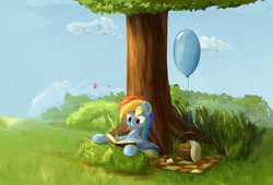 Size: 2794x1903 | Tagged: safe, artist:scootiebloom, rainbow dash, butterfly, pegasus, pony, g4, :o, apple, balloon, basket, book, cloud, cottagecore, cute, dashabetes, featured image, female, flower in hair, food, grass, mare, open mouth, picnic, picnic basket, picnic blanket, reading, reading rainboom, scenery, sitting, solo, spread wings, tree, under the tree, wings
