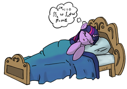 Size: 1024x717 | Tagged: safe, artist:1jet10, artist:jetn-in-dark, twilight sparkle, alicorn, pony, g4, bed, calculus, dream, euler's identity, fancy mathematics, female, integral, integration, mare, math, newton's second law, physics, sleeping, solo, stokes' theorem