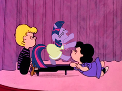 Size: 480x359 | Tagged: safe, twilight sparkle, g4, a charlie brown christmas, charlie brown, crossover, dancing, do the sparkle, lucy van pelt, musical instrument, peanuts, piano, schroeder, the club can't even handle me right now