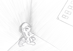 Size: 1000x703 | Tagged: safe, artist:scootiebloom, derpy hooves, pegasus, pony, g4, elevator, female, mare, monochrome, solo