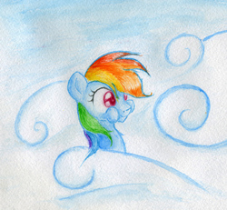 Size: 1298x1200 | Tagged: safe, artist:scootiebloom, rainbow dash, g4, cloud, cloudy, female, puffy cheeks, solo, traditional art