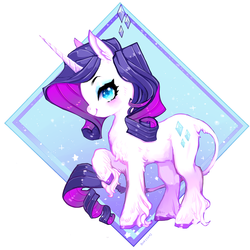 Size: 1200x1200 | Tagged: safe, artist:costly, rarity, classical unicorn, pony, unicorn, g4, abstract background, chest fluff, colored hooves, cute, female, horn, leg fluff, leonine tail, mare, profile, raised hoof, raribetes, solo, unshorn fetlocks