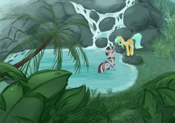 Size: 1920x1350 | Tagged: safe, artist:scootiebloom, sunshower raindrops, zebra, g4, forest, jungle, pond, scenery, waterfall