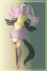 Size: 1000x1500 | Tagged: safe, artist:nicoleehret, fluttershy, human, g4, belly button, cleavage, clothes, female, humanized, midriff, skirt, solo