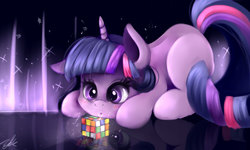 Size: 500x300 | Tagged: safe, artist:moeru789, twilight sparkle, pony, unicorn, g4, cute, female, hilarious in hindsight, rubik's cube, solo, sparkly, unicorn twilight