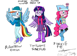 Size: 2338x1700 | Tagged: safe, artist:infinityr319, pinkie pie, rainbow dash, twilight sparkle, anthro, plantigrade anthro, g4, clothes, earmuffs, equestria girls outfit, scarf, sonic the hedgehog (series), sonicified, style emulation, trenchcoat, twilight sparkle (alicorn), winter outfit