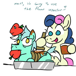 Size: 800x800 | Tagged: safe, artist:jargon scott, bon bon, lyra heartstrings, sweetie drops, pony, unicorn, g4, apple, apple gag, dialogue, female, food, food fetish, gag, guyra, harpsy, imminent vore, implied cannibalism, kinky, mare, person as food, rule 63