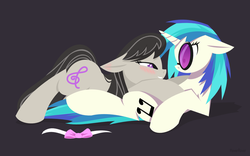 Size: 1280x800 | Tagged: safe, artist:hoverrover, dj pon-3, octavia melody, vinyl scratch, earth pony, pony, unicorn, g4, bedroom eyes, blushing, bowtie, clothes on floor, cuddling, ear blush, eye contact, female, floppy ears, grin, hooves, horn, lesbian, lineless, looking at each other, lying down, mare, mare on mare, on back, ship:scratchtavia, shipping, simple background, smiling, snuggling, sunglasses, teeth, wide eyes