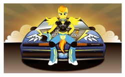 Size: 5675x3494 | Tagged: safe, artist:skeletal-k9, spitfire, pegasus, anthro, g4, absurd resolution, belly button, boots, choker, clothes, earring, firebird, helmet, high heel boots, knee pads, lips, pontiac, pontiac firebird, smiling, wonderbolts, wonderbolts uniform