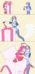 Size: 1280x2658 | Tagged: safe, artist:jonfawkes, pinkie pie, rainbow dash, human, g4, 30 minute art challenge, blushing, christmas, comic, female, hug, humanized, lesbian, present, ship:pinkiedash, shipping, wing ears