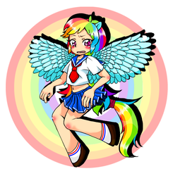 Size: 667x681 | Tagged: safe, artist:sea contact, rainbow dash, human, g4, belly button, clothes, eared humanization, female, humanized, midriff, pixiv, school uniform, skirt, solo, tailed humanization, winged humanization