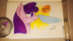 Size: 2560x1440 | Tagged: safe, artist:jorobro, berry punch, berryshine, earth pony, pony, g4, boop, fluffy, frown, nose wrinkle, traditional art, unamused