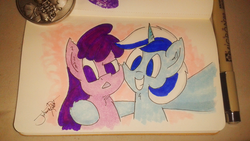 Size: 2560x1440 | Tagged: safe, artist:jorobro, berry punch, berryshine, minuette, earth pony, pony, unicorn, g4, duo, traditional art