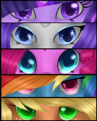 Size: 799x1000 | Tagged: safe, artist:iceyxarados, applejack, pinkie pie, rainbow dash, rarity, twilight sparkle, g4, close-up, eyes, hair over one eye, looking at you, persona eyes, sparkles