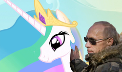 Size: 1000x588 | Tagged: safe, edit, princess celestia, g4, crack shipping, putinlestia, stroking, sunglasses, vladimir putin