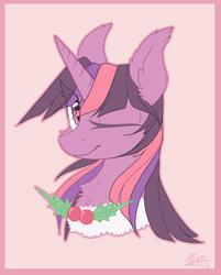 Size: 629x782 | Tagged: safe, artist:snowsky-s, twilight sparkle, g4, cheek fluff, chest fluff, cute, ear fluff, eye clipping through hair, female, portrait, signature, solo, twiabetes, wink