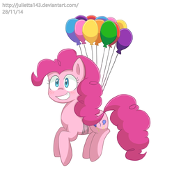 Size: 1000x1000 | Tagged: dead source, safe, artist:jayivee, pinkie pie, earth pony, pony, g4, balloon, cute, diapinkes, female, mare, simple background, smiling, solo, then watch her balloons lift her up to the sky, white background