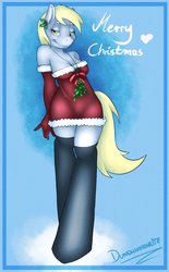Size: 704x1133 | Tagged: safe, artist:dunnowhattowrite, derpy hooves, anthro, g4, christmas, clothes, dress, gloves, stockings