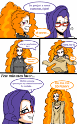 Size: 720x1158 | Tagged: safe, artist:miracle32, adagio dazzle, rarity, human, equestria girls, g4, my little pony equestria girls: rainbow rocks, boob window, breast envy, breasts, clothes, comic, delicious flat chest, engrish, flatdagio dazzle, glasses, implied raritits, keyhole turtleneck, open-chest sweater, sweater, turtleneck