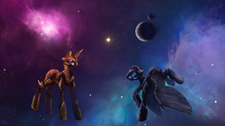 Size: 1800x1009 | Tagged: safe, artist:cosmicunicorn, pegasus, pony, unicorn, armor, planet, royal guard, space