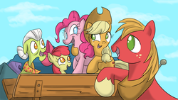 Size: 1280x720 | Tagged: safe, artist:gjkou, apple bloom, applejack, big macintosh, granny smith, pinkie pie, earth pony, pony, g4, pinkie apple pie, cart, cute, eye contact, female, filly, happy, hug, looking at each other, looking up, male, mare, no pupils, open mouth, scene interpretation, smiling, stallion
