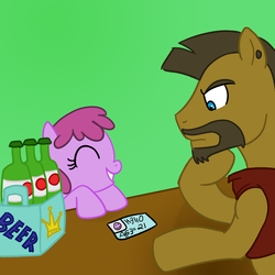 Size: 1000x1000 | Tagged: safe, artist:madmax, berry punch, berryshine, oc, g4, alcohol, beard, beer, eyes closed, fake id, female, filly, frown, grin, hello, id card, nice try, open mouth, seems legit, smiling, thinking, underaged drinking, younger