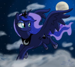 Size: 1000x900 | Tagged: safe, artist:gjkou, princess luna, g4, cloud, cloudy, female, flying, moon, night, smiling, solo