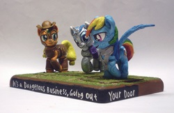 Size: 934x607 | Tagged: safe, artist:ubrosis, applejack, rainbow dash, rarity, earth pony, pegasus, pony, unicorn, fanfic:it's a dangerous business going out your door, g4, armor, craft, fanfic art, female, figure, figurine, gaming miniature, leather armor, mare, miniature, raised hoof, sculpture, smiling, tattoo, trio, walking