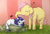 Size: 1280x865 | Tagged: safe, artist:yajima, fluttershy, rarity, big cat, elephant, lion, g4, collaboration, cute, elephantified, eyes closed, flutterphant, lionified, music notes, one eye closed, petting, prone, raribetes, rarilion, rawrity, shyabetes, smiling, species swap, unamused, wink