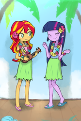 Size: 1000x1500 | Tagged: safe, artist:baekgup, sunset shimmer, twilight sparkle, equestria girls, g4, my little pony equestria girls: rainbow rocks, shake your tail, clothes, duo, feet, flower in hair, grass skirt, hawaiian flower in hair, hula, hulalight, hulashimmer, lei, musical instrument, sandals, skirt, twilight sparkle (alicorn), ukulele