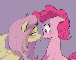 Size: 617x488 | Tagged: safe, artist:baekgup, fluttershy, pinkie pie, bat pony, earth pony, pony, g4, blushing, female, flutterbat, lesbian, looking at each other, mare, ship:flutterpie, shipping, smiling