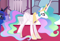 Size: 637x436 | Tagged: safe, screencap, princess celestia, princess luna, g4, twilight's kingdom, missing cutie mark, tired