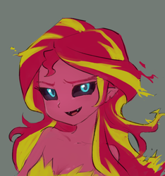 Size: 561x600 | Tagged: dead source, safe, artist:baekgup, sunset shimmer, equestria girls, g4, alternate hairstyle, bare shoulder portrait, bare shoulders, bedroom eyes, bust, female, looking at you, portrait, simple background, sleeveless, solo, strapless, sunset satan