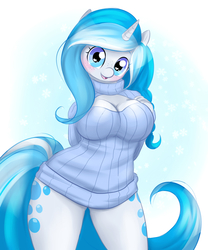 Size: 3000x3602 | Tagged: safe, artist:askbubblelee, oc, oc only, oc:bubble lee, oc:imago, unicorn, anthro, anthro oc, blushing, boob window, bottomless, breasts, clothes, female, heart, heart eyes, high res, keyhole turtleneck, nudity, open-chest sweater, solo, sweater, turtleneck, wingding eyes