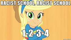 Size: 610x343 | Tagged: safe, edit, edited screencap, screencap, applejack, equestria girls, g4, my little pony equestria girls, caption, crossed arms, female, helping twilight win the crown, image macro, imgur, meme, racism, racist barn, raise this barn, school, solo, song reference