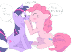 Size: 667x477 | Tagged: safe, artist:baekgup, pinkie pie, twilight sparkle, earth pony, pony, unicorn, g4, blushing, duo, female, floppy ears, kiss on the lips, kissing, korean, lesbian, mare, ship:twinkie, shipping, simple background, translated in the comments, unicorn twilight, white background