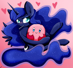 Size: 1470x1358 | Tagged: safe, artist:riouku, princess luna, pony, puffball, g4, blushing, crossover, cute, female, heart, kirby, kirby (series), kirby luna, lunabetes, mare, snuggling