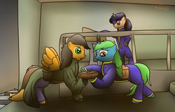 Size: 1280x817 | Tagged: safe, artist:the-furry-railfan, oc, oc only, oc:gamma ray, oc:twintails, fallout equestria, fallout equestria: occupational hazards, box, clothes, goodbye, gun, jumpsuit, pistol, radiation, stable (vault), stable 34, vault, vault suit