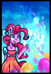 Size: 626x899 | Tagged: safe, artist:baid-woo, pinkie pie, earth pony, anthro, g4, arm hooves, balloon, female, hair bow, solo
