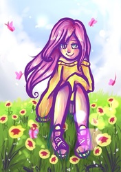 Size: 689x980 | Tagged: safe, artist:baid-woo, fluttershy, human, g4, clothes, converse, female, humanized, off shoulder, solo, sweater, sweatershy