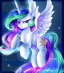 Size: 1500x1700 | Tagged: safe, artist:baid-woo, princess celestia, alicorn, pony, g4, female, flying, frown, looking at you, mare, solo