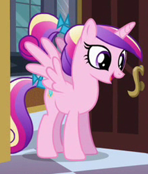 Size: 221x260 | Tagged: safe, screencap, princess cadance, a canterlot wedding, g4, alternate hairstyle, bow, female, pegasus wings, ponytail, ribbon, solo, tail bow, teen princess cadance, wings, young, younger