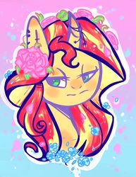 Size: 1132x1464 | Tagged: safe, artist:baid-woo, sunset shimmer, pony, unicorn, g4, female, flower in hair, solo