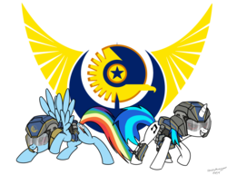 Size: 1017x786 | Tagged: safe, artist:spazzymcnugget, dj pon-3, rainbow dash, vinyl scratch, pegasus, pony, unicorn, g4, armor, crossover, cutie mark, female, hooves, horn, logo, mare, new conglomerate, planetside 2, simple background, smiling, spread wings, teeth, transparent background, vector, video game, wings
