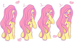 Size: 2560x1410 | Tagged: safe, artist:baid-woo, fluttershy, human, g4, bedroom eyes, blushing, clothes, female, hair over one eye, heart, humanized, open mouth, solo, sweater, sweatershy